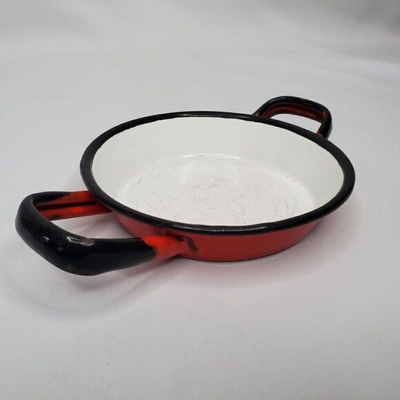 Vintage Poland Enamel Mini Handled Pan Red Black Farmhouse 3.5" Bottom Diameter - Picture 5 of 9